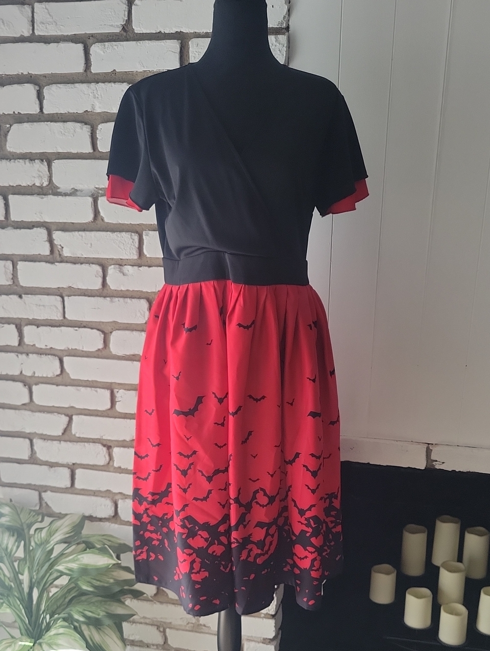 Retro-Stage Black & Red Bat-Print Fit-and-Flare Dress